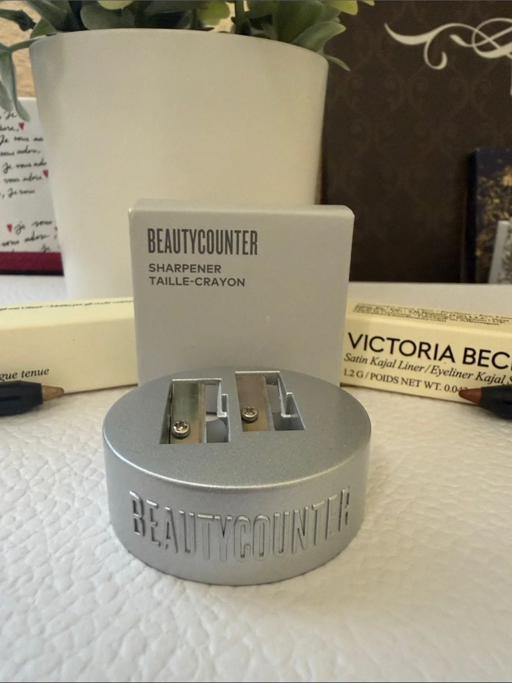 Victoria Beckham Black Eyeliner Pencils with Silver Beautycounter Sharpener